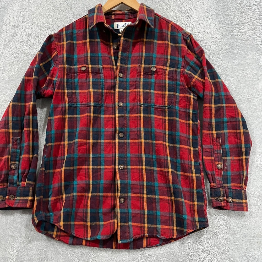 Mens Duluth Trading Small Relaxed Plaid Flannel Shirt Button Up‎ Red Western
